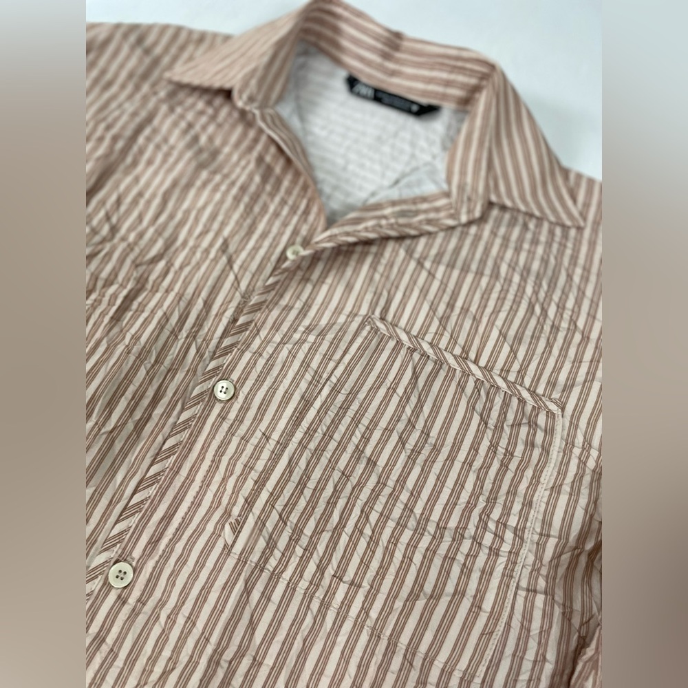 Zara Oversized Button Down Shirt Wrinkle Style Tan Apricot Striped Women’s‎ XS - Picture 12 of 16